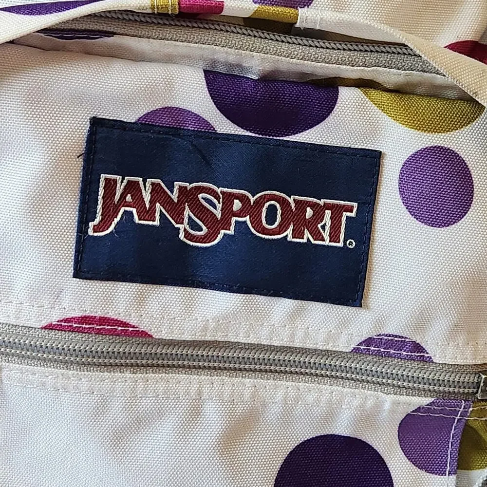 Y2K Jansport White Polka Dot Backpack Pink Purple Gold School Book Bag Large